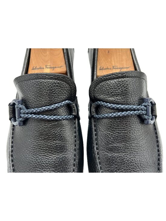 Salvatore Ferragamo Black Pebbled Leather Loafers with Navy Hardware